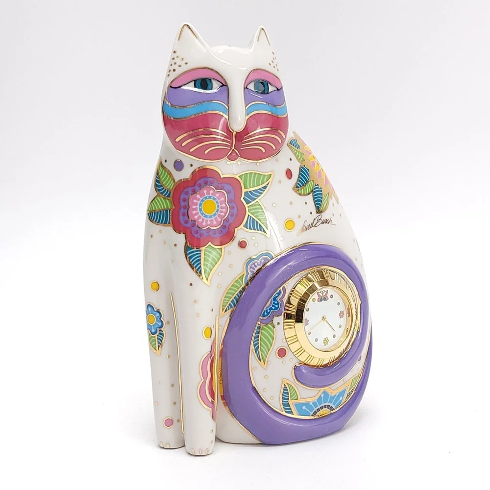 Vintage 1996‎ Laurel Burch Porcelain Floral Cat Clock White, Gold TESTED WORKING